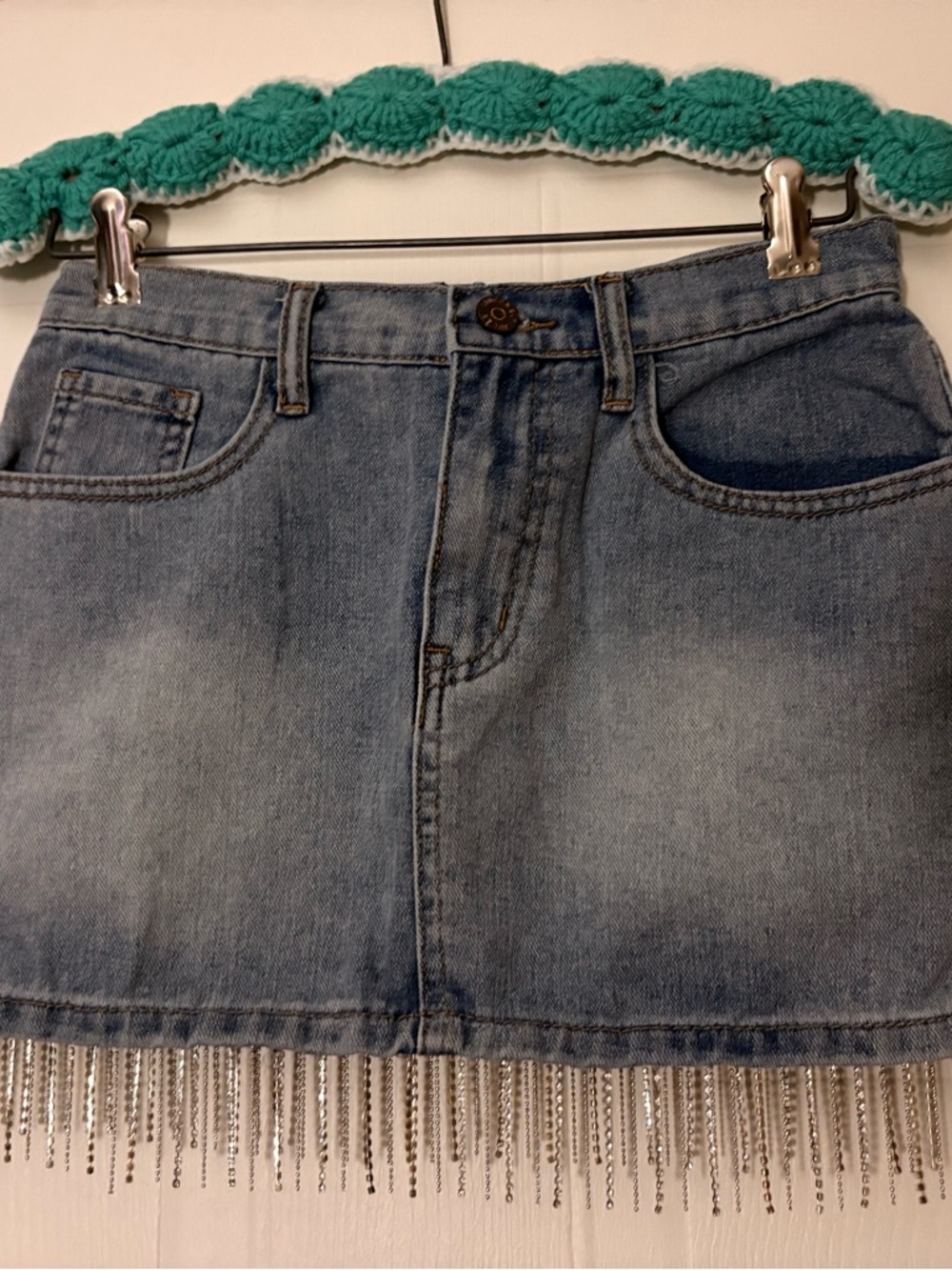 Sincerely Jules Light Blue Denim Mini Skirt with Rhinestone Fringe